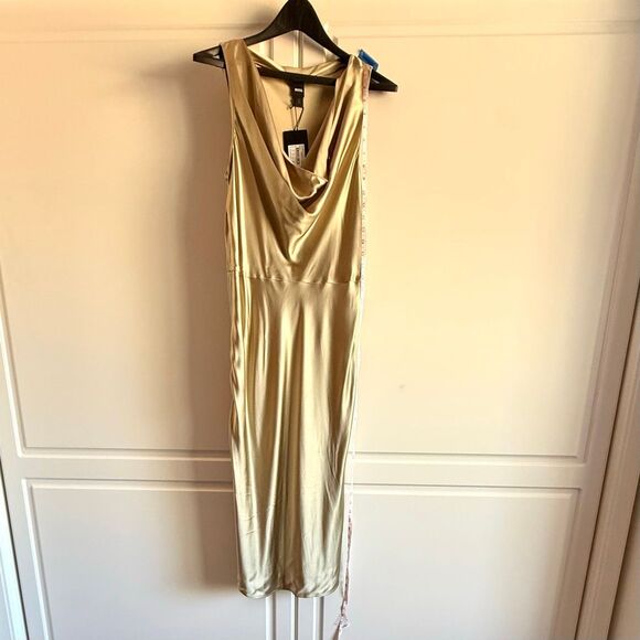 NWT BOSS “Dawida” satin cowl neck midi dress in champagne gold Size 10 - Picture 12 of 14